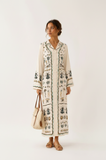 Embroidered Linen Kaftan Maxi Dress