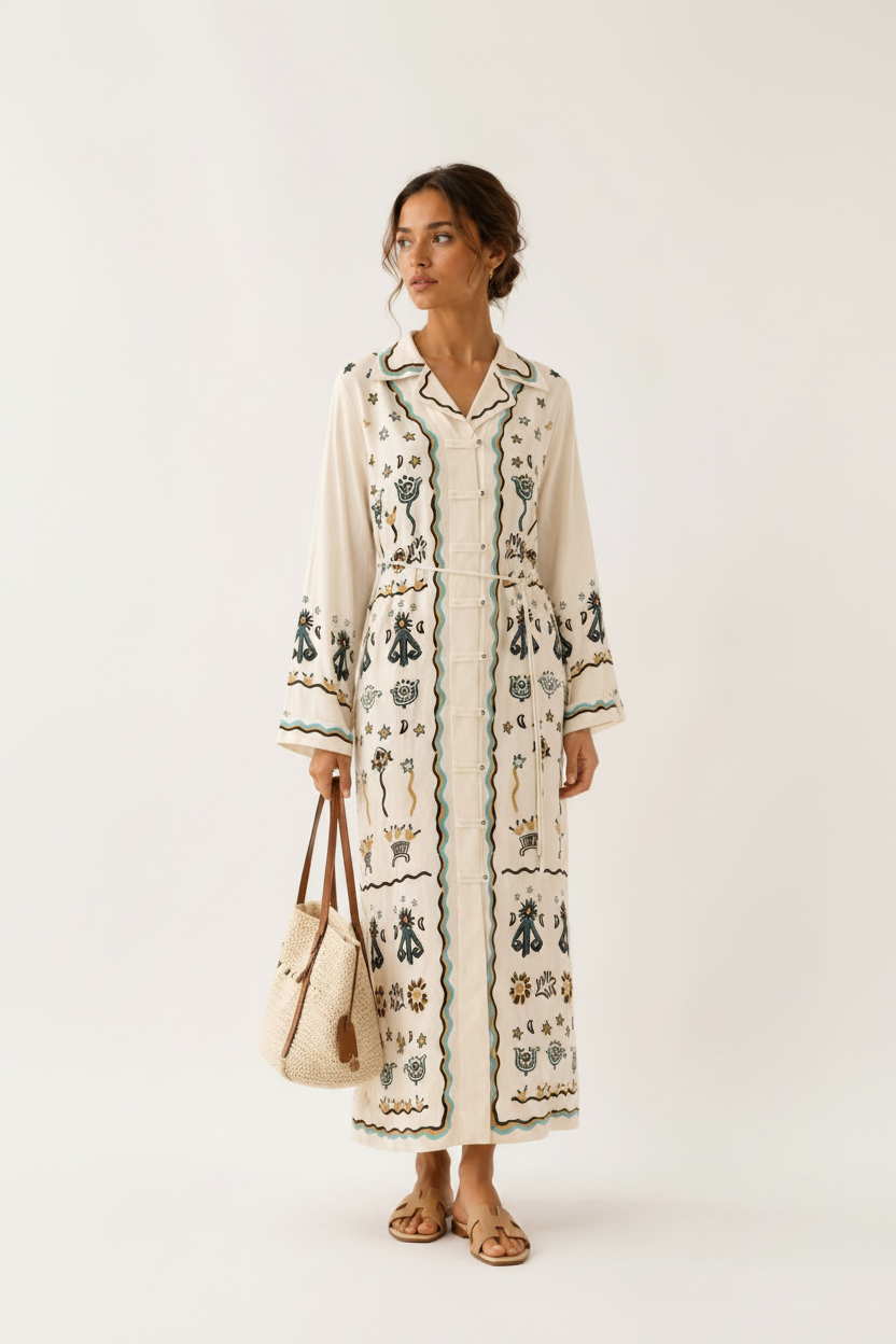 Embroidered Linen Kaftan Maxi Dress