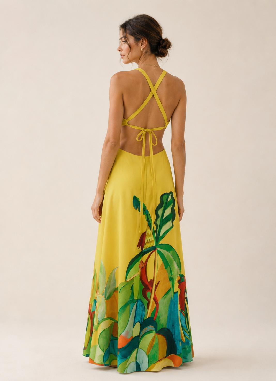 Tropical Graphic Silk Halter Maxi Dress
