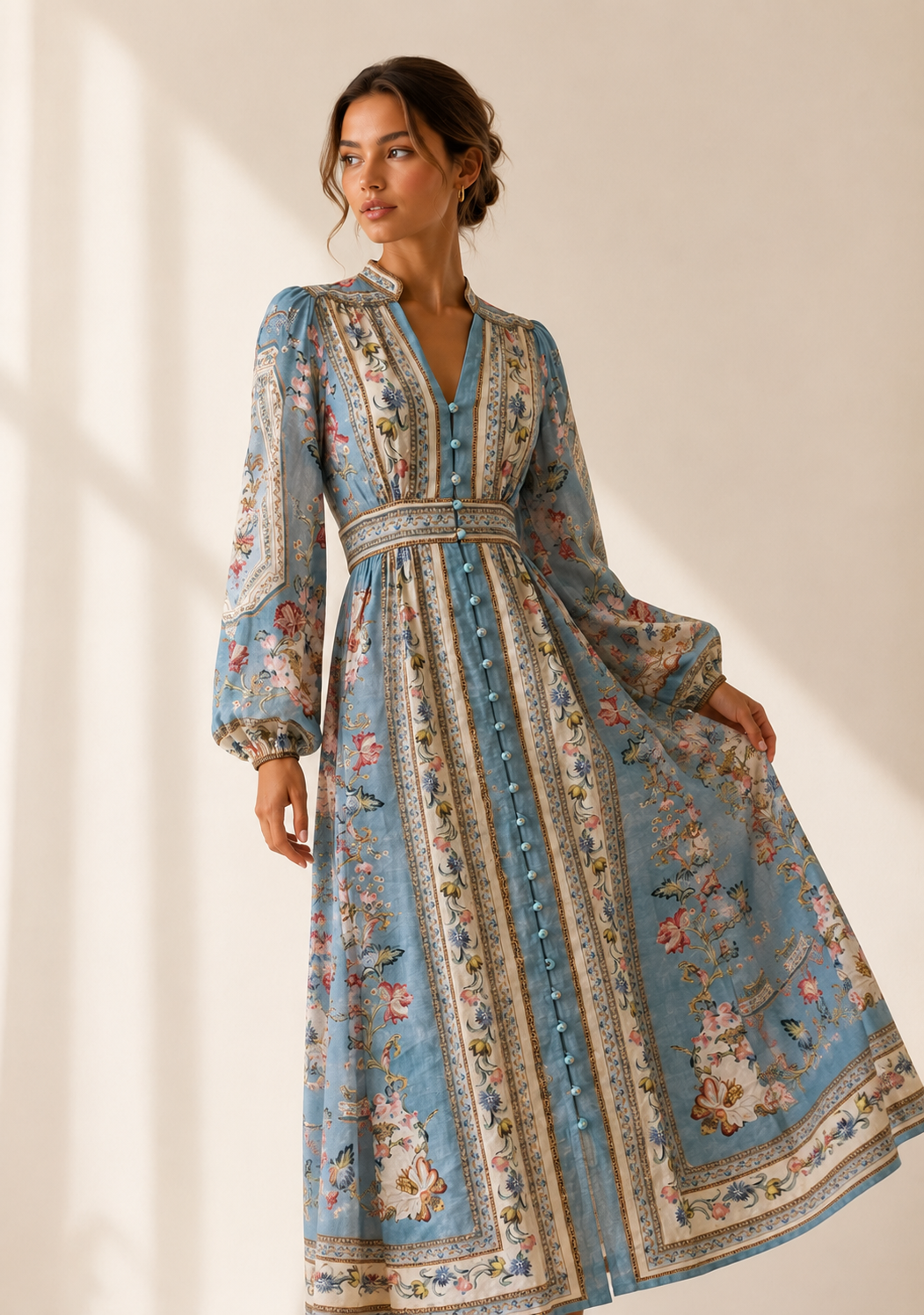 Bohemian Floral Maxi Dress – Light Blue
